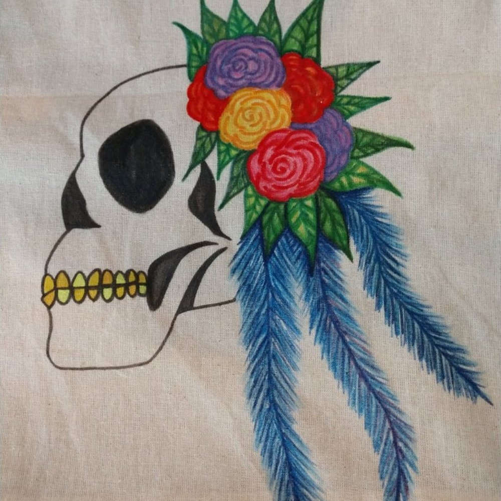 Handmade Reusable Tote Bag with Hand Painted  Skull Wearing Flowers & Feathers